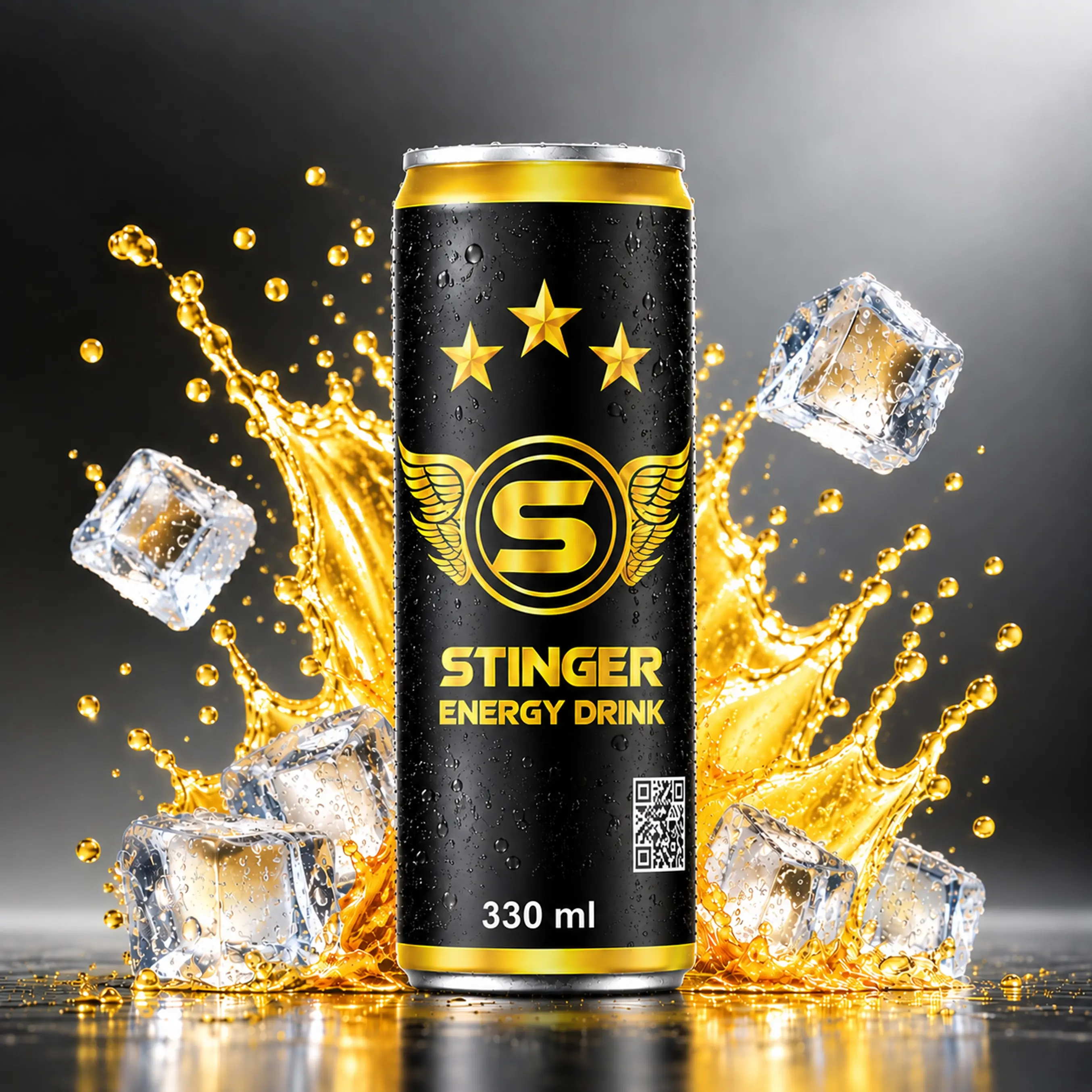 STINGER Energy Drink 330 ml black and gold can surrounded by golden splash and ice cubes.